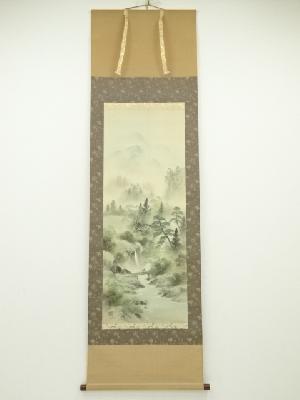 金子春雪筆　彩色山水　肉筆絹本掛軸（共箱）